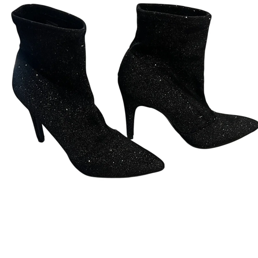 Sparkly Black Sock Booties Stiletto‎ Heel Pointed Toe Ankle Boots Women's